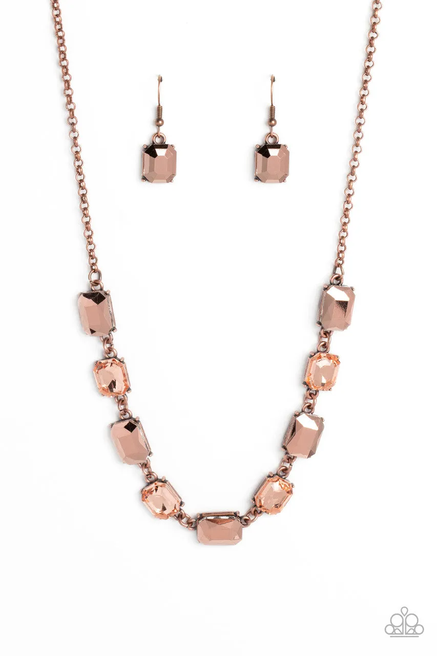Emerald Envy - Copper - Peach and Aurum Emerald Cut Gem Paparazzi Short Necklace