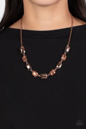 Emerald Envy - Copper - Peach and Aurum Emerald Cut Gem Paparazzi Short Necklace