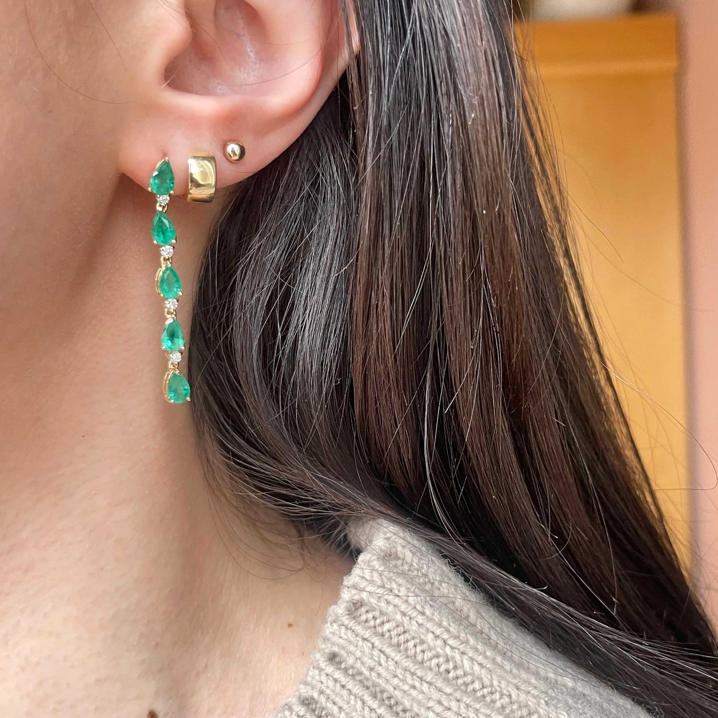 Estate 14KT Yellow Gold Pear Emerald   Diamond Cascading Earrings