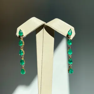 Estate 14KT Yellow Gold Pear Emerald   Diamond Cascading Earrings