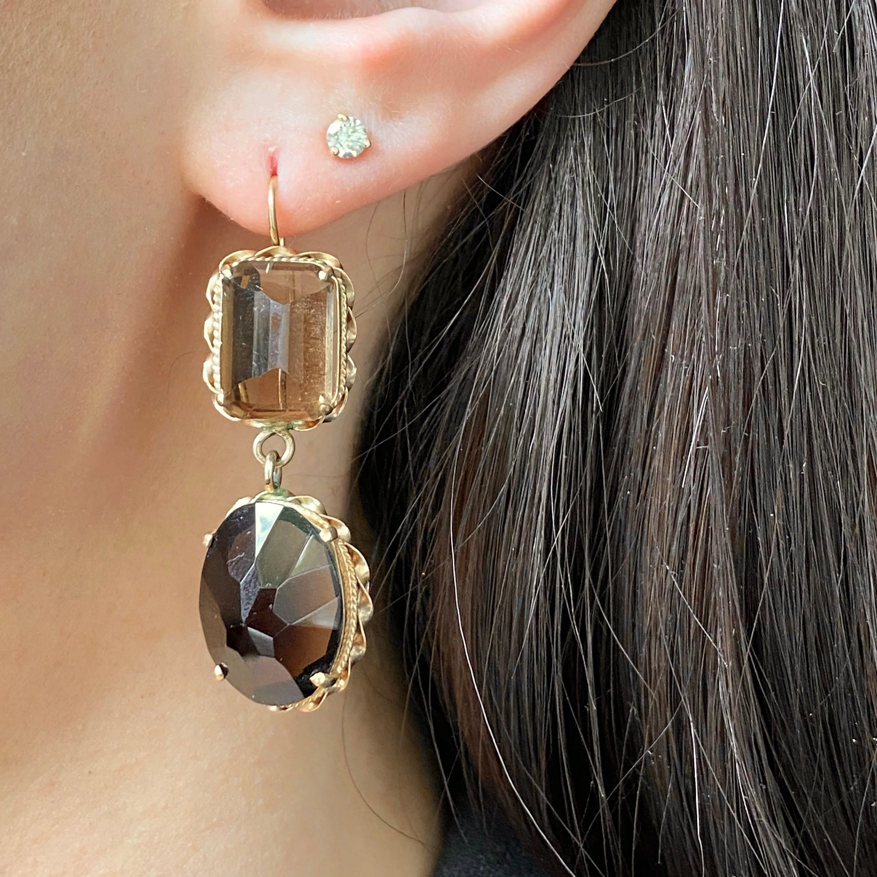 Estate 14KT Yellow Gold Smokey Quartz Dangle Gemstone Earrings