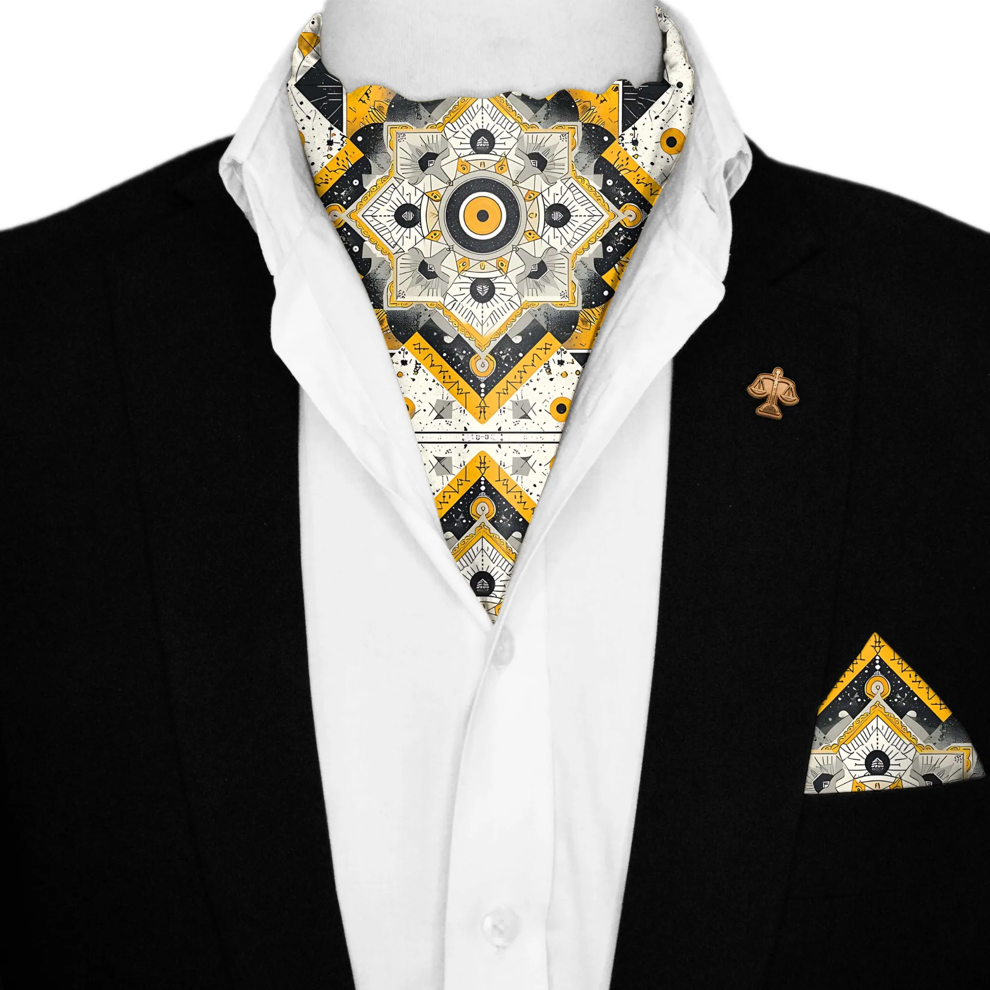 ETHNIC ABSTRACT SILK ASCOT WITH LAPEL PIN AND POCKET SQUARE