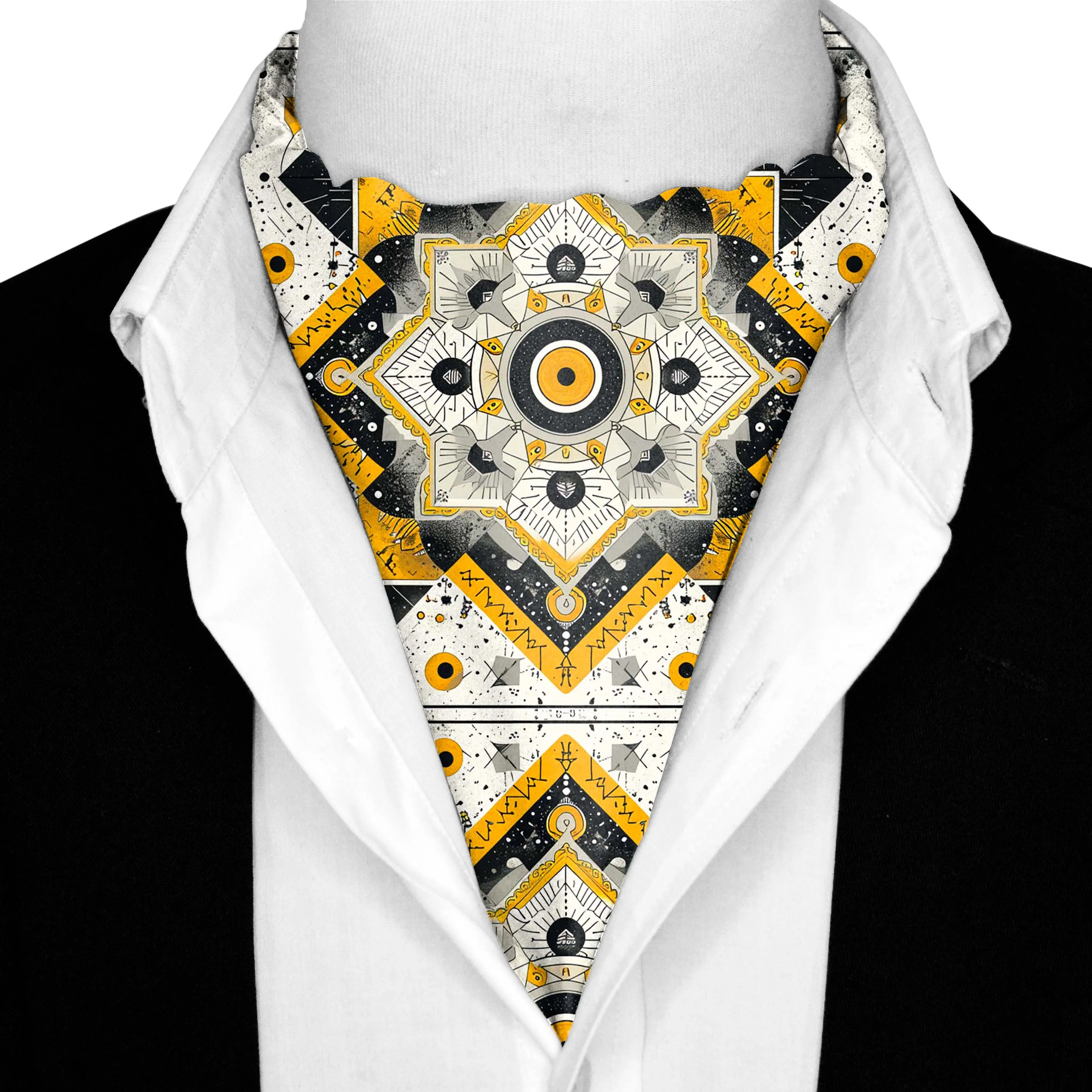 ETHNIC ABSTRACT SILK ASCOT WITH LAPEL PIN AND POCKET SQUARE