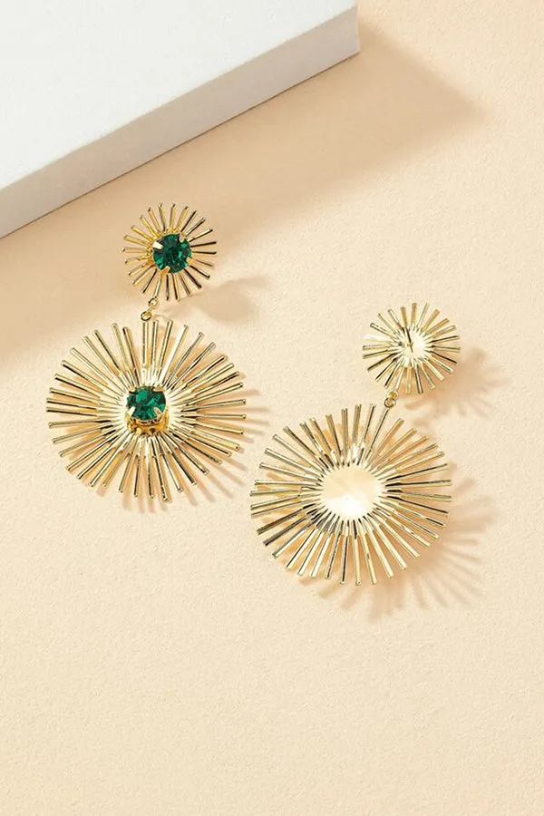 Exaggerated Emerald Rhinestone Line Metal Earrings