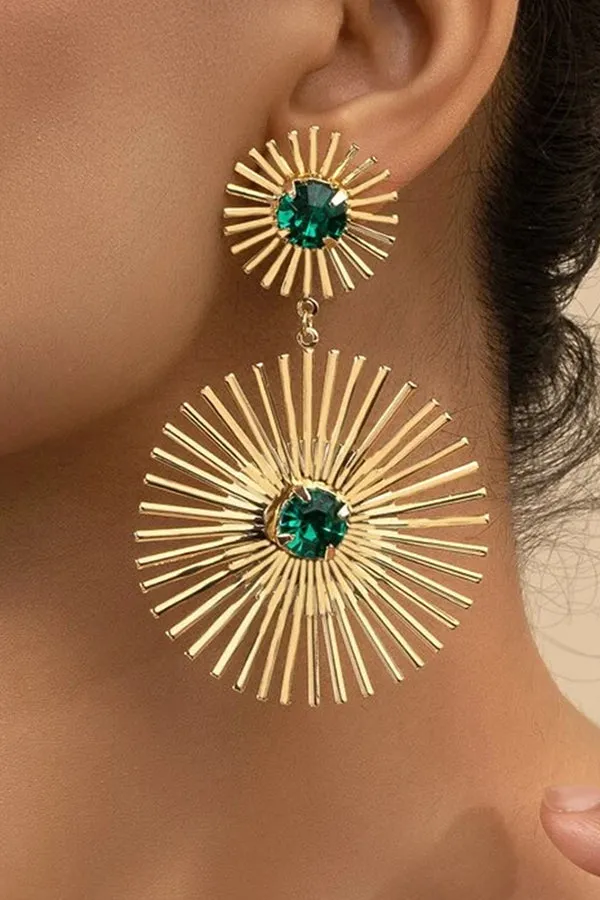 Exaggerated Emerald Rhinestone Line Metal Earrings
