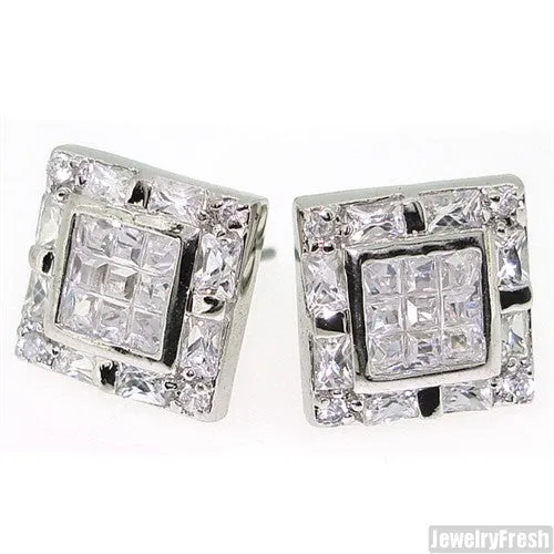 Fancy Invisible Set Tri Cut Simulated Diamond Square Studs