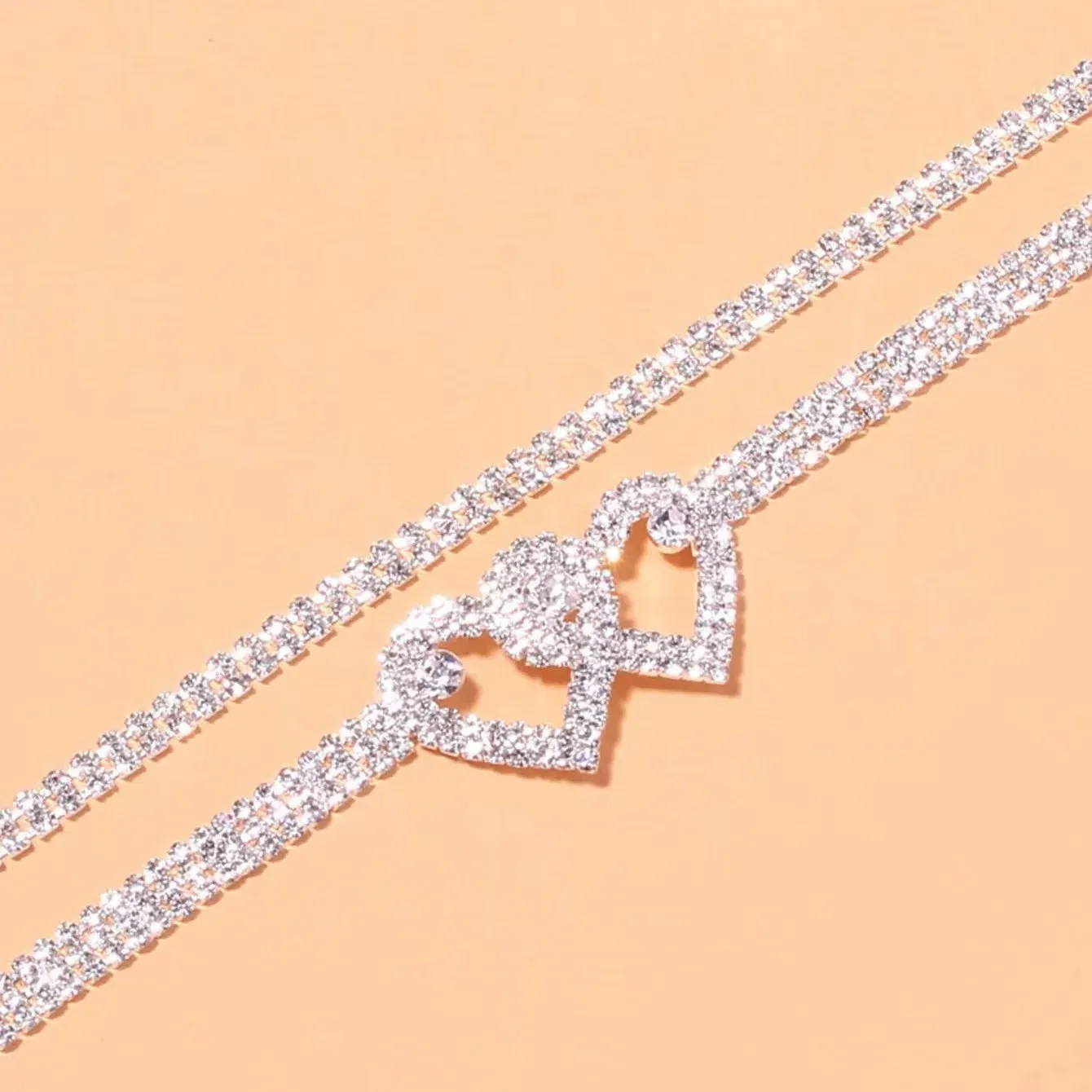 Fashion Rhinestone Double Heart Anklets for Women Silver Color Bling Hollow Out Love Foot Ankle Leg Bracelet Chain Ins Jewelry