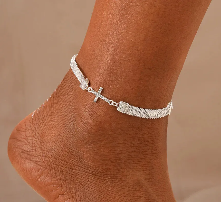 Fashion Rhinestone Double Heart Anklets for Women Silver Color Bling Hollow Out Love Foot Ankle Leg Bracelet Chain Ins Jewelry