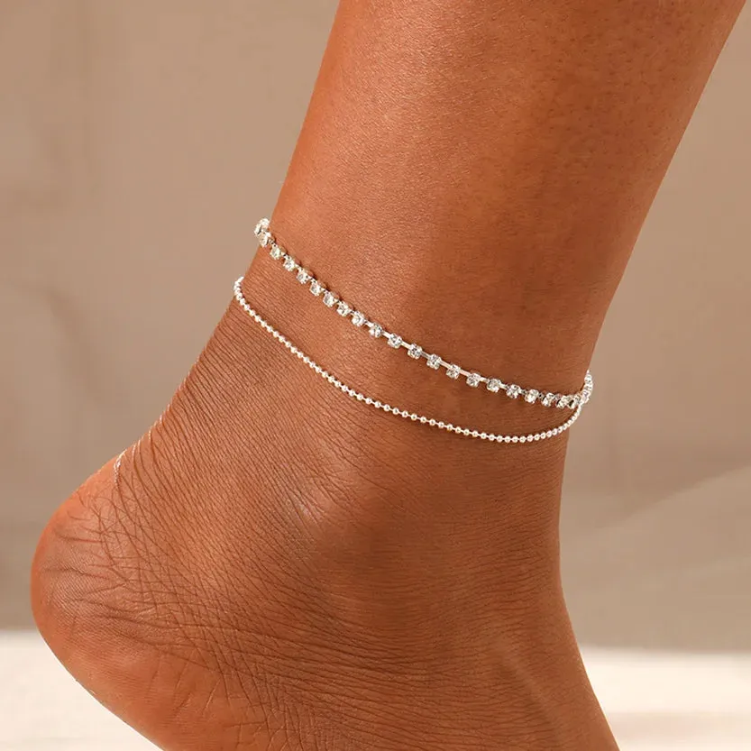 Fashion Rhinestone Double Heart Anklets for Women Silver Color Bling Hollow Out Love Foot Ankle Leg Bracelet Chain Ins Jewelry