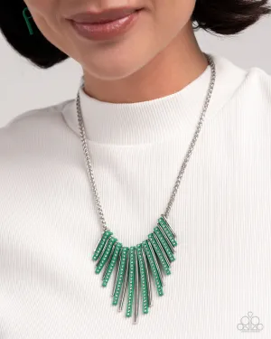 Fashionable Fringe - Green - Painted and Silver Bar White Rhinestone Paparazzi Short Necklace