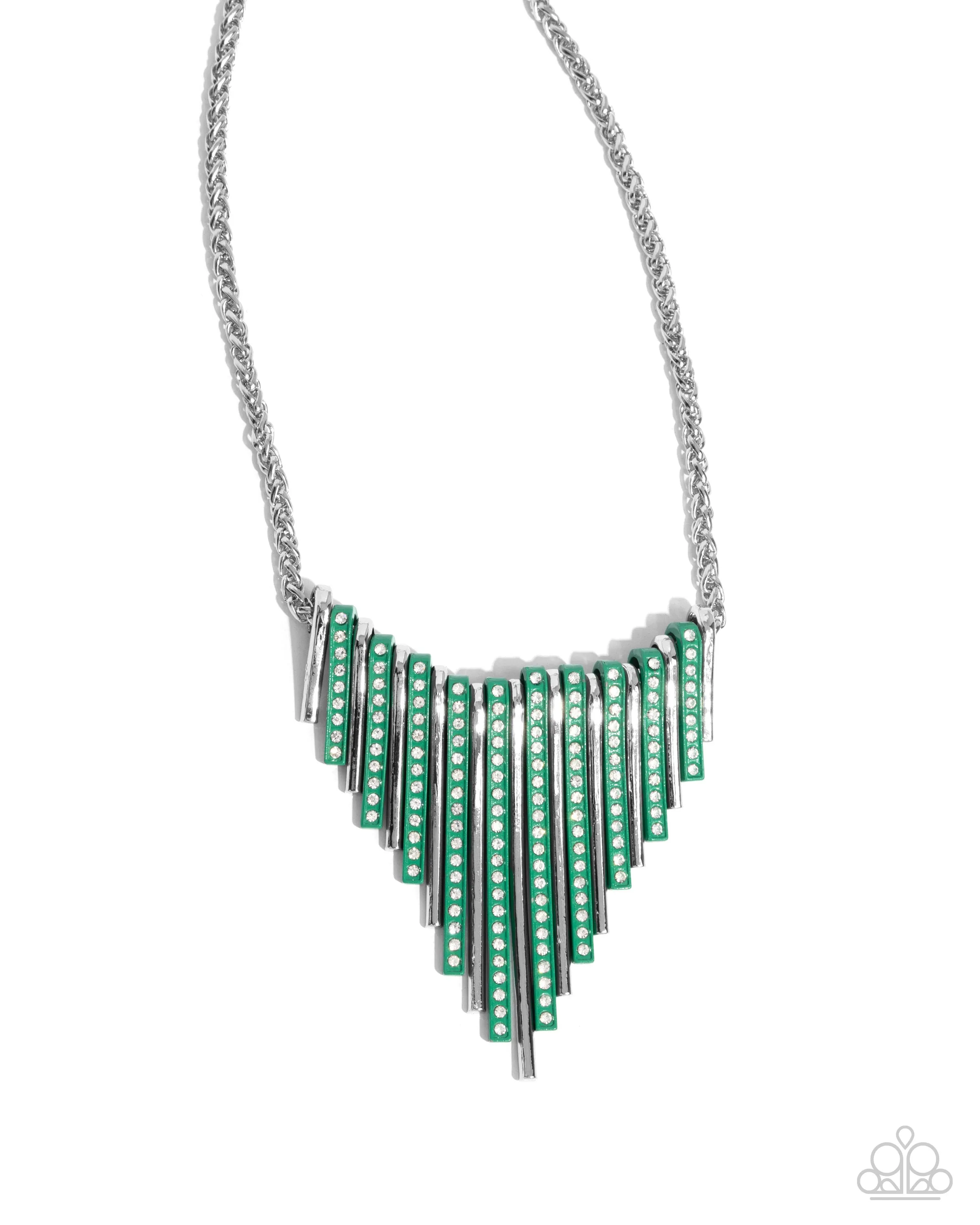 Fashionable Fringe - Green - Painted and Silver Bar White Rhinestone Paparazzi Short Necklace