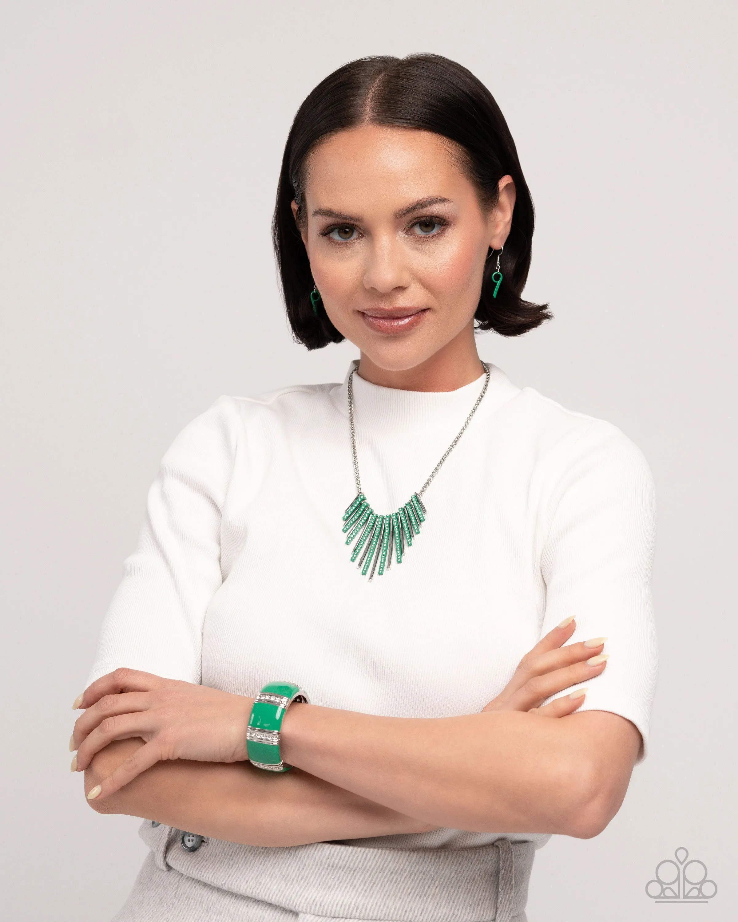 Fashionable Fringe - Green - Painted and Silver Bar White Rhinestone Paparazzi Short Necklace