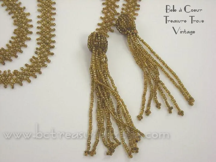 Flapper Bead Necklace Sautoir 1920s Gold Glass Beads Gatsby
