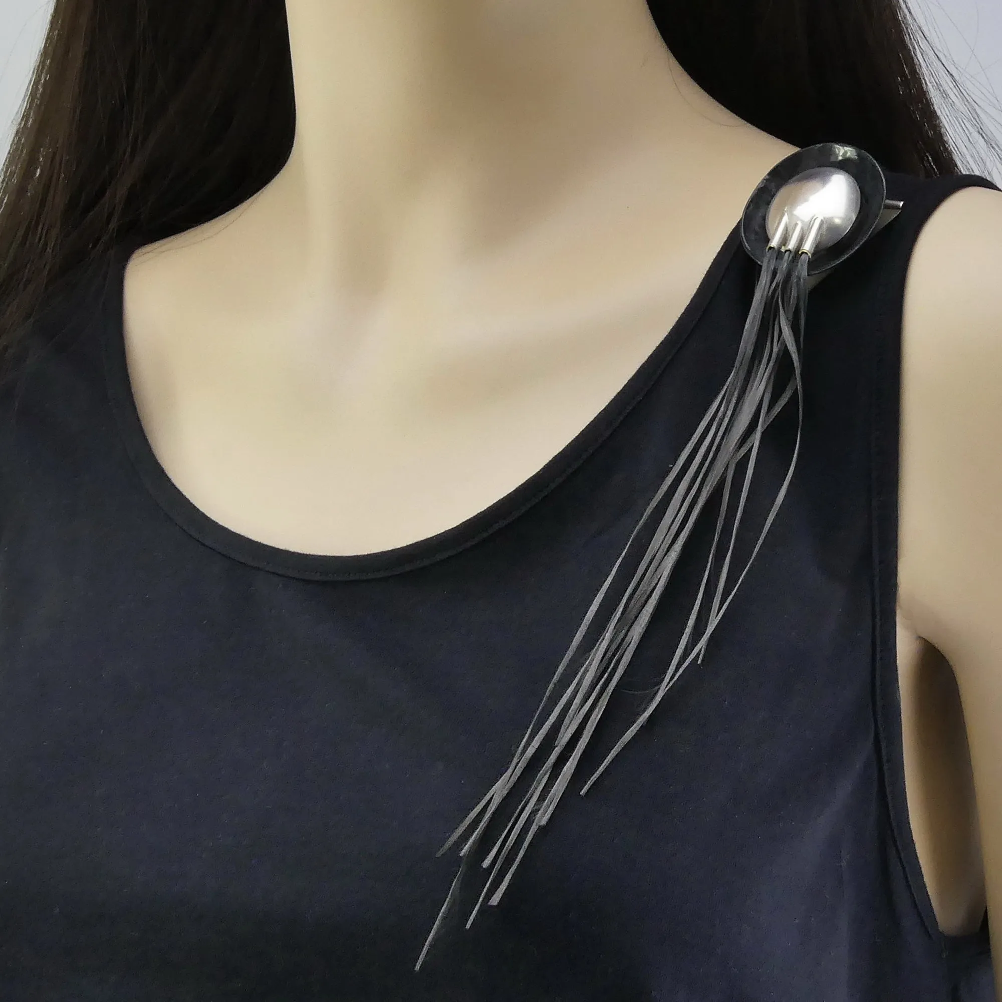 'FLARING' handmade sterling silver brooch with black carbon fibre