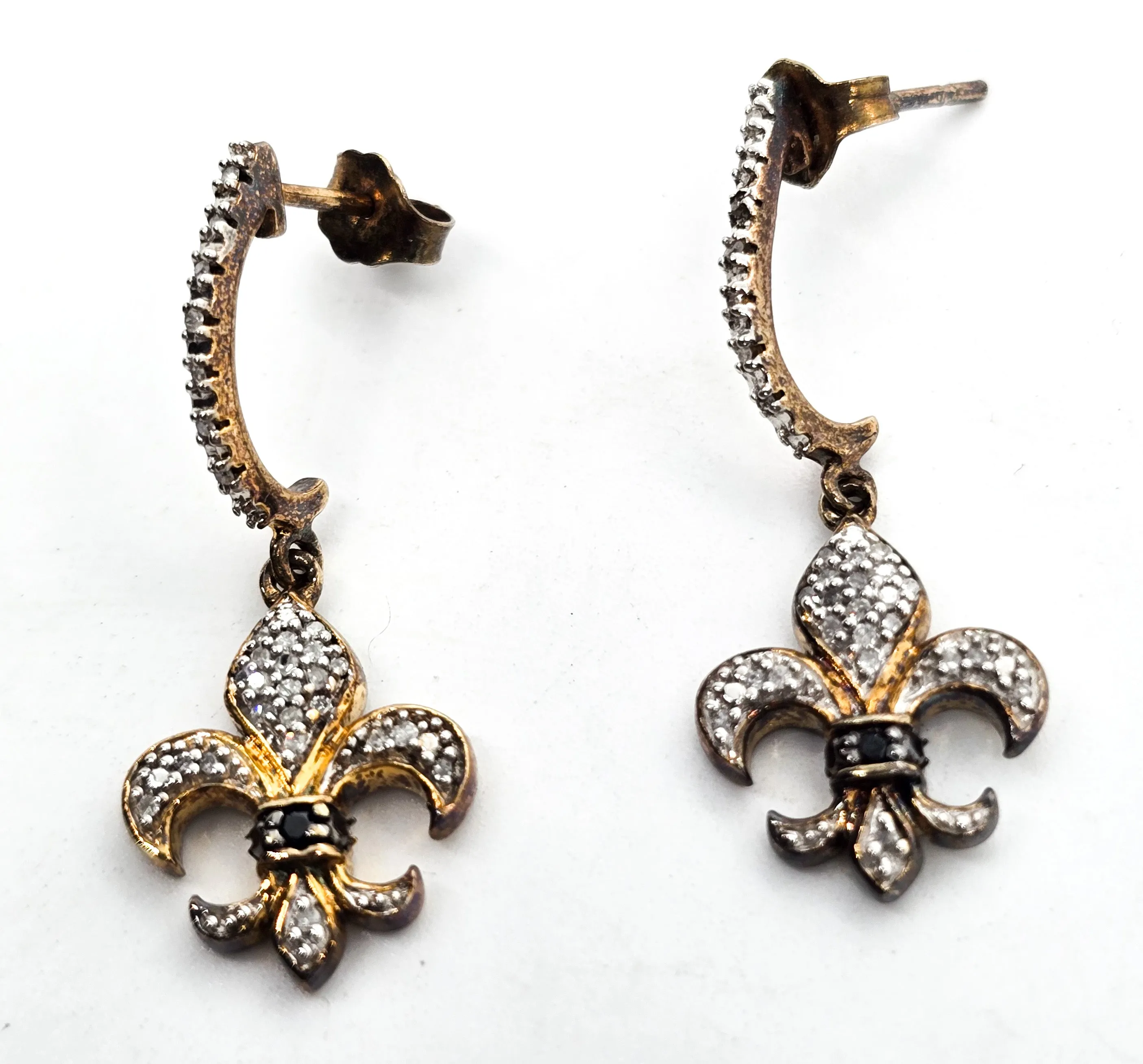 Fleur de Lis French Creole diamond vermeil gold over sterling silver drop earrings