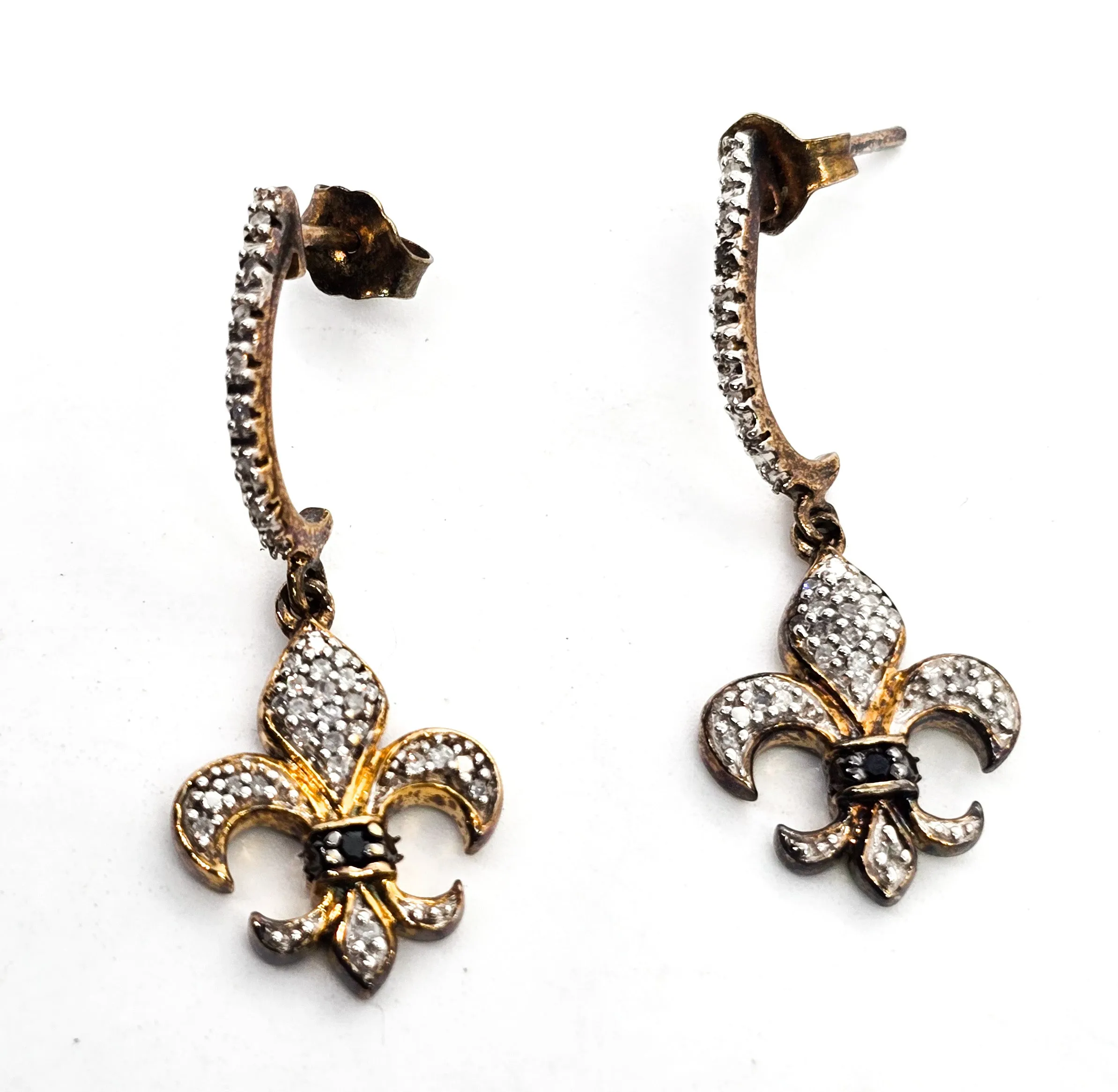 Fleur de Lis French Creole diamond vermeil gold over sterling silver drop earrings