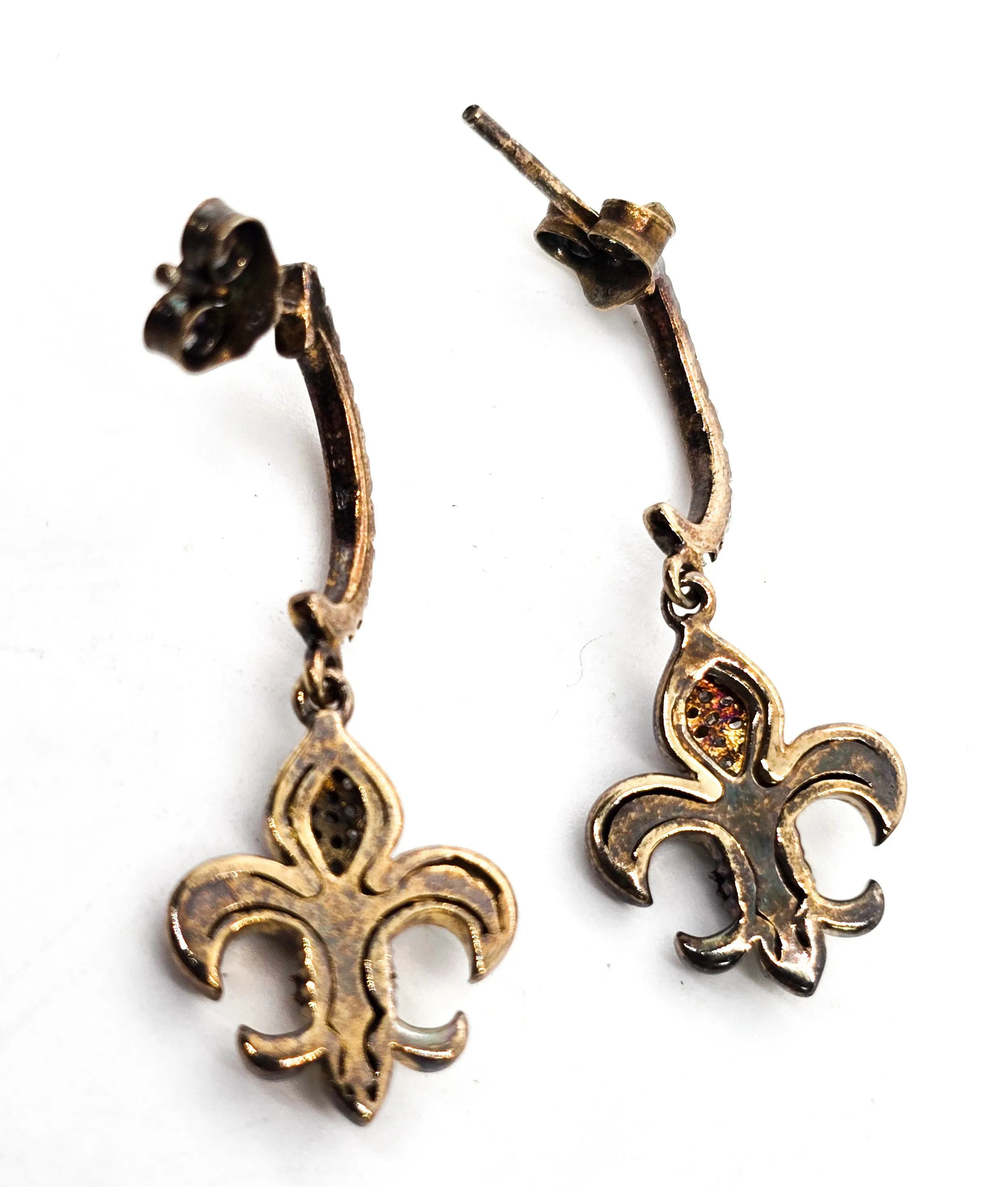 Fleur de Lis French Creole diamond vermeil gold over sterling silver drop earrings
