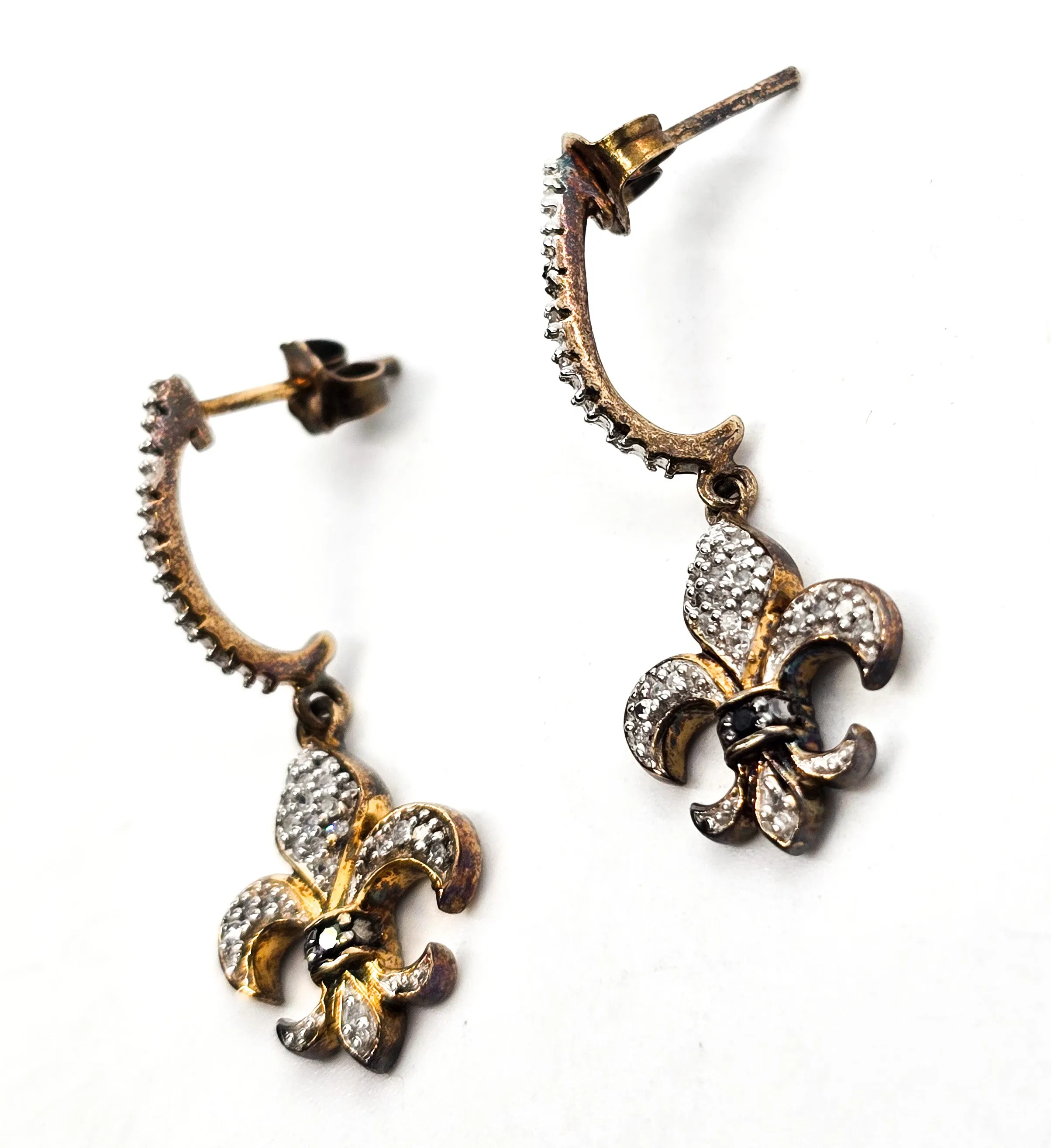 Fleur de Lis French Creole diamond vermeil gold over sterling silver drop earrings