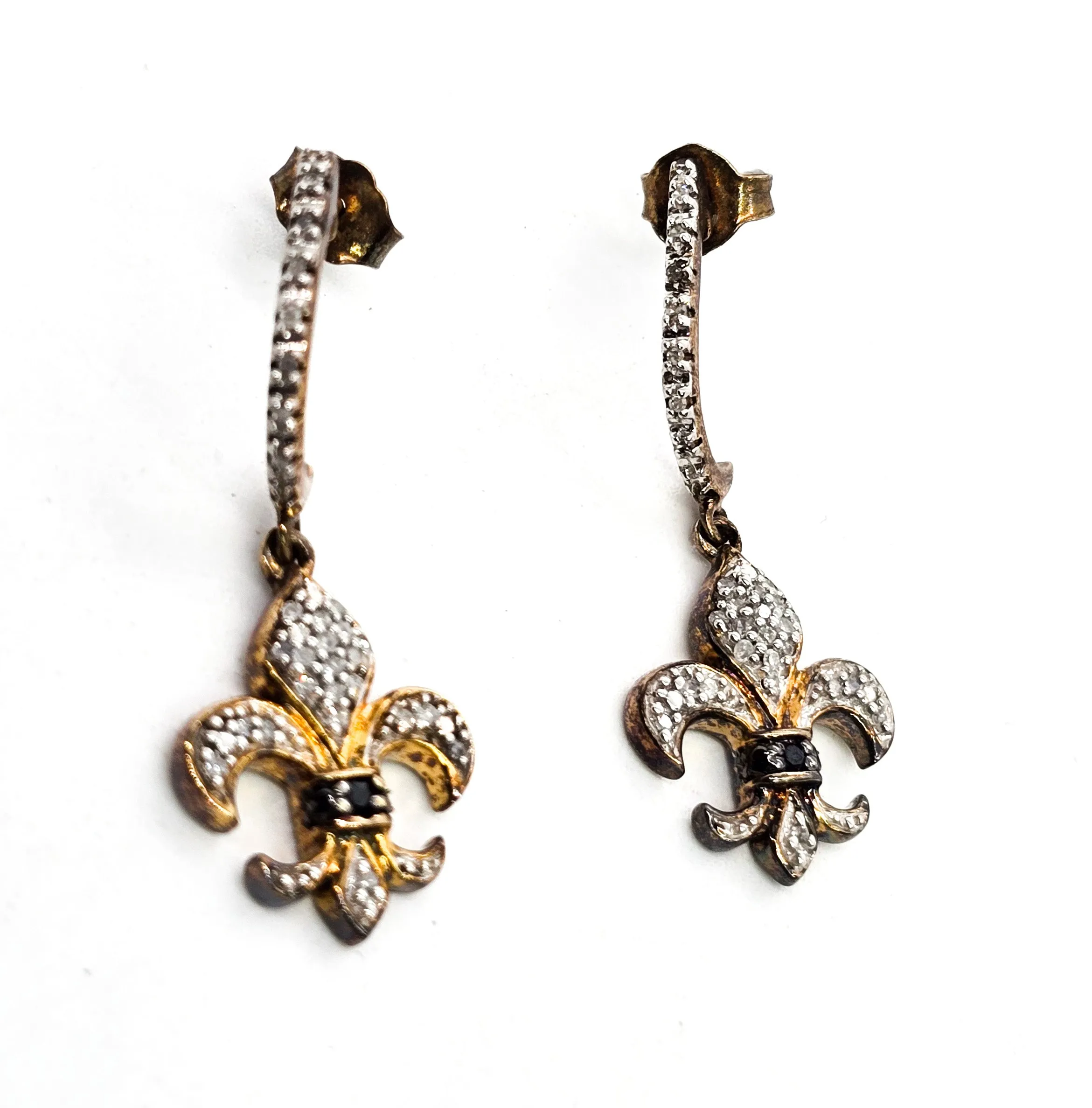Fleur de Lis French Creole diamond vermeil gold over sterling silver drop earrings