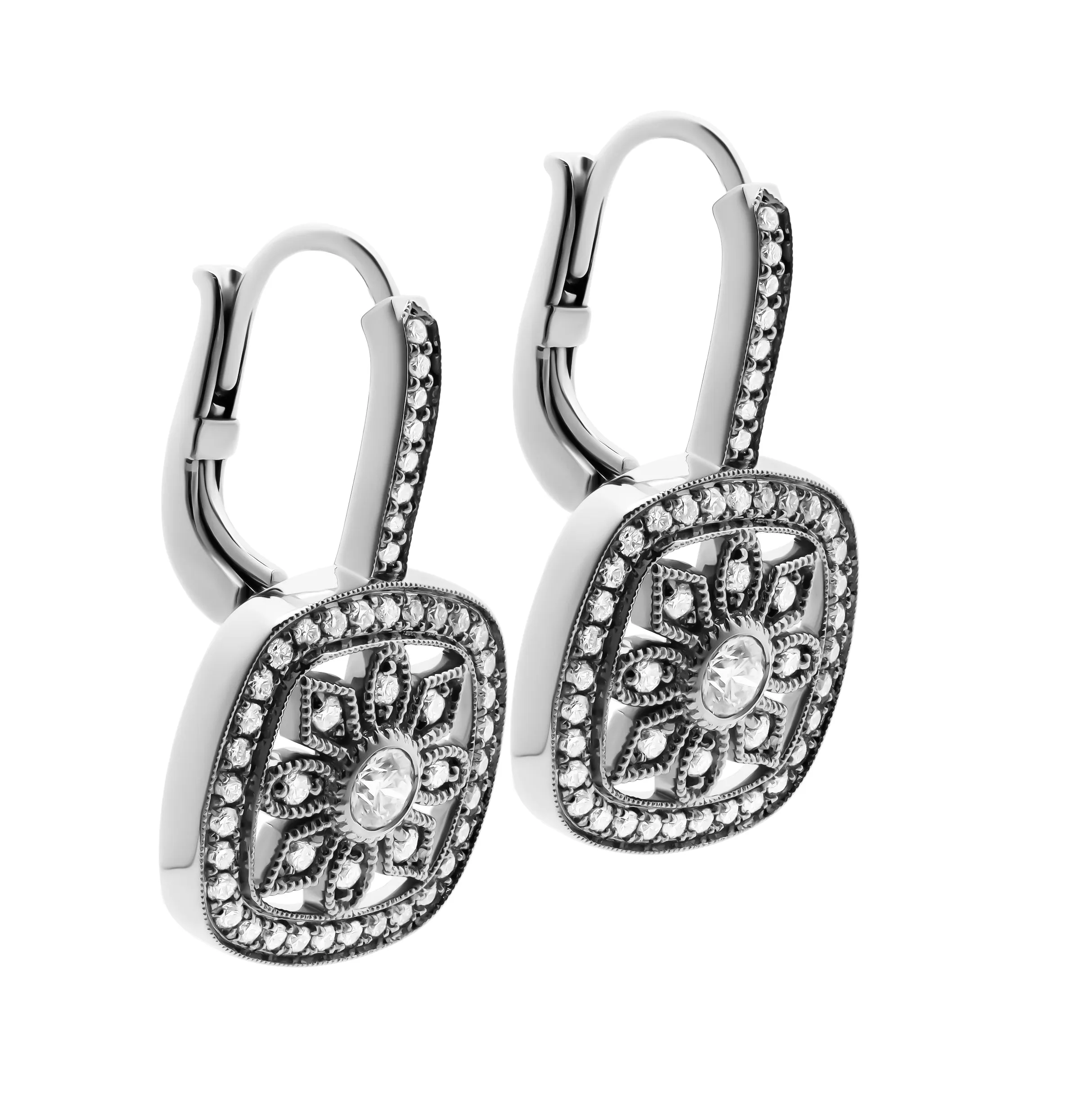 Flower Milgrain Earrings in 14K White Gold