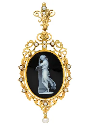 French Victorian Pearl Carved Agate Onyx 18 Karat Gold Neoclassical Women Antique Pendant Brooch