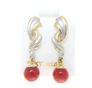 GENUINE NATURAL RED CORAL BALL DIAMOND DANGLE EARRINGS 14K YELLOW WHITE GOLD