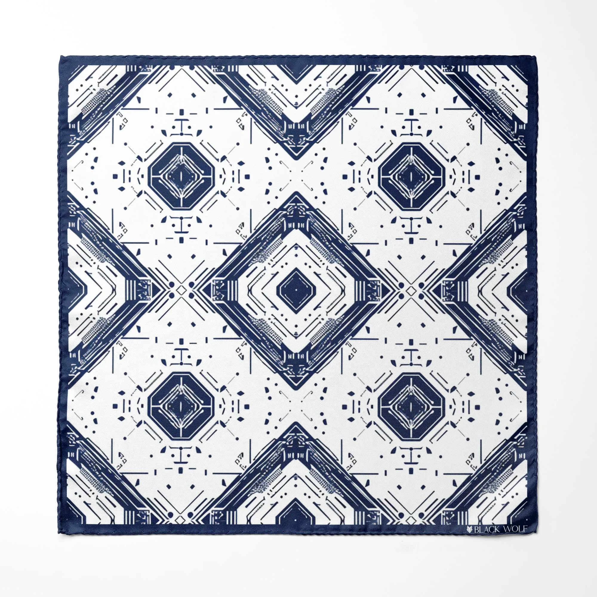 GEOMETRIC ABSTRACT SILK ASCOT WITH LAPEL PIN AND POCKET SQUARE