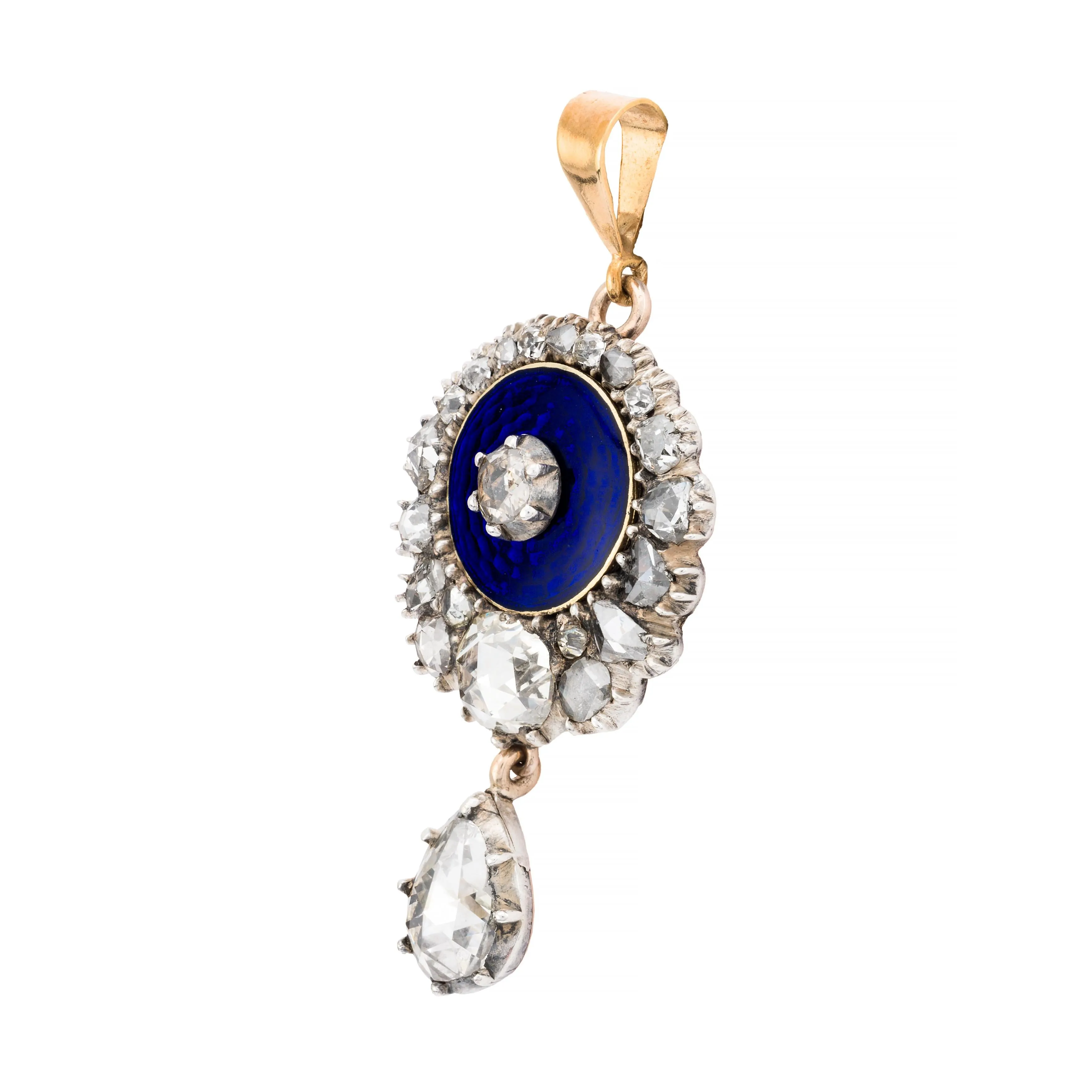 Georgian 2.55ctw Rose Cut Diamond & Blue Enamel Pendant in 14K Gold