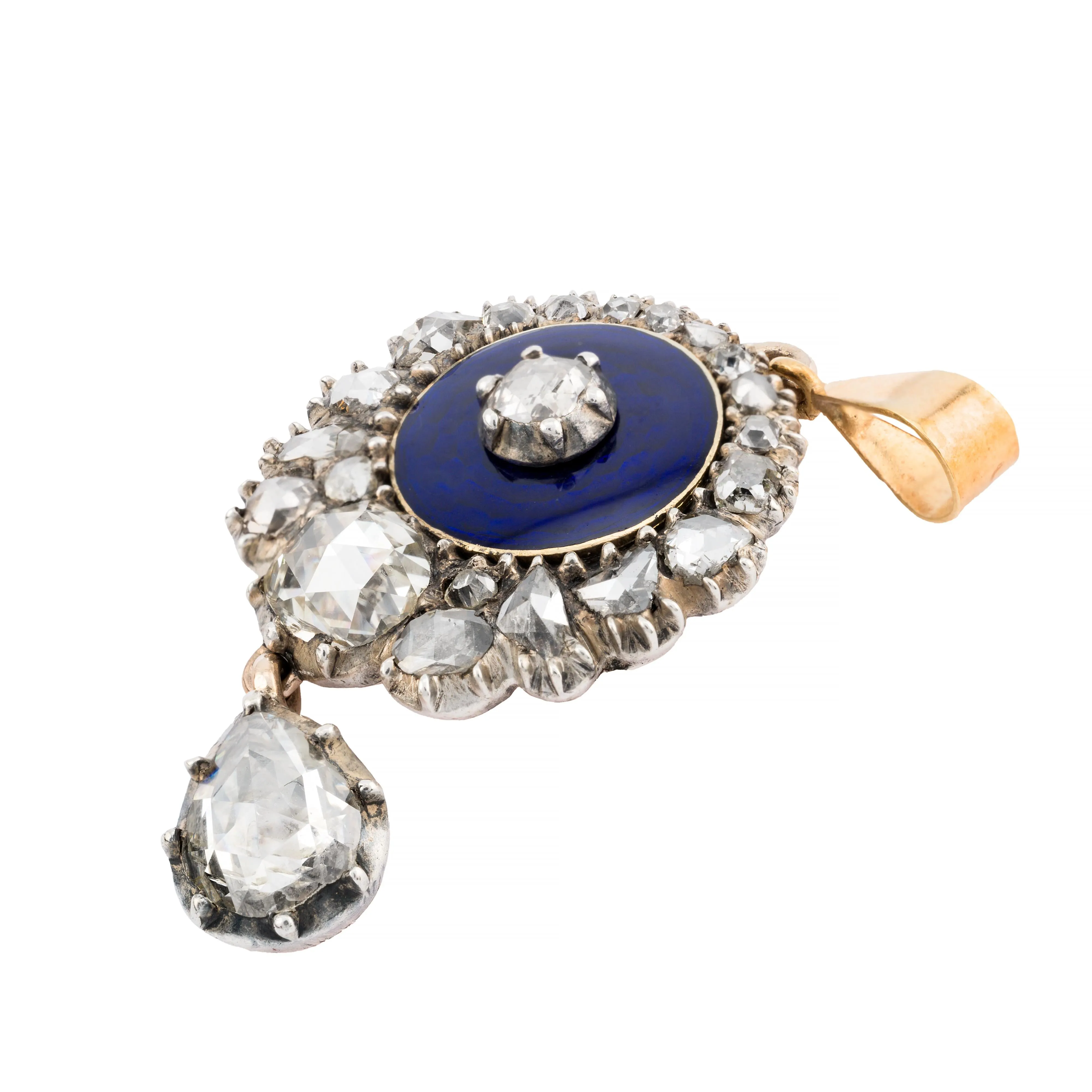 Georgian 2.55ctw Rose Cut Diamond & Blue Enamel Pendant in 14K Gold