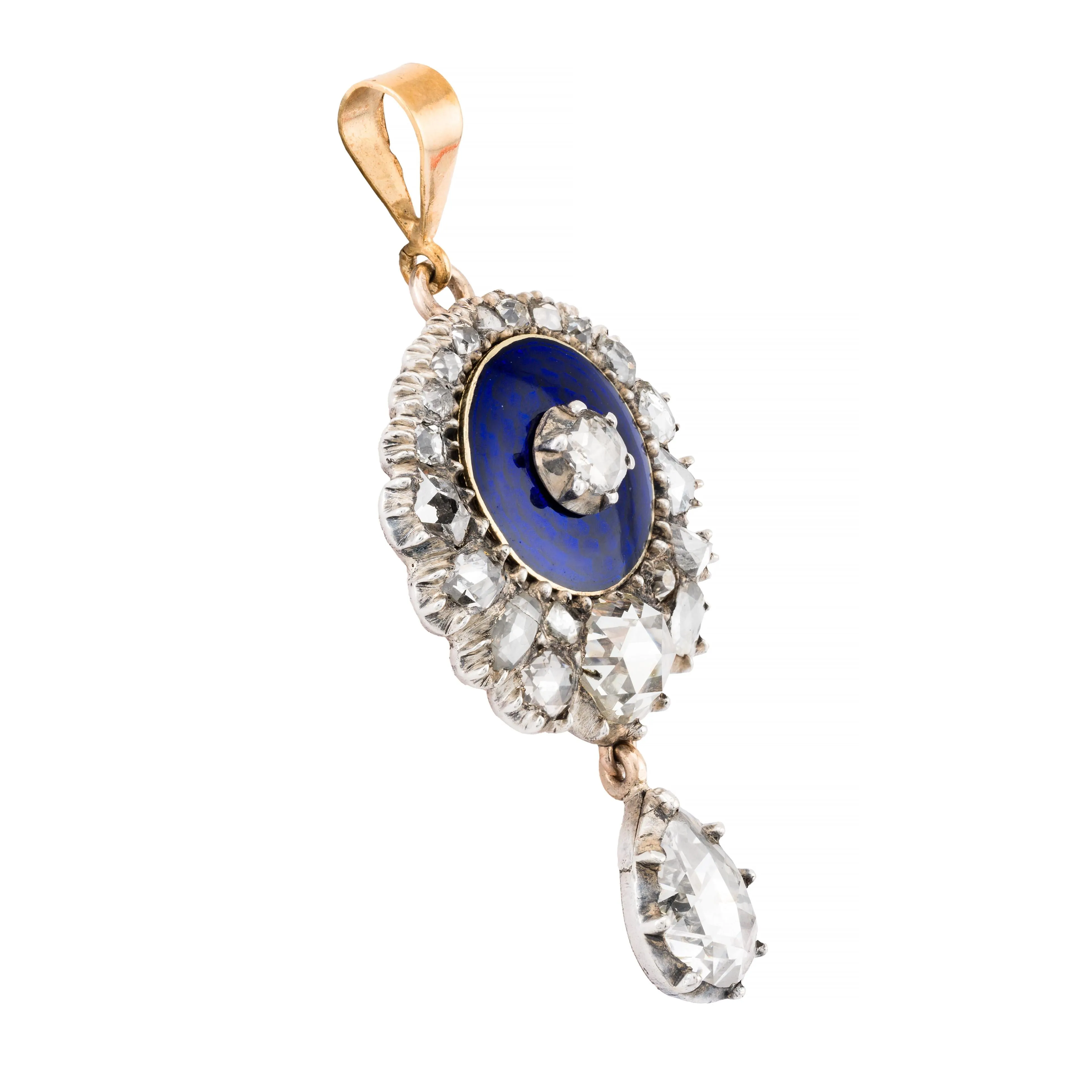 Georgian 2.55ctw Rose Cut Diamond & Blue Enamel Pendant in 14K Gold