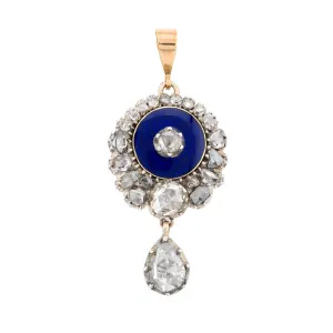 Georgian 2.55ctw Rose Cut Diamond & Blue Enamel Pendant in 14K Gold