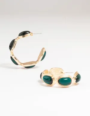 Gold Emerald Diamante Hoop Earrings