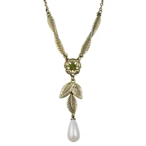 Gold Flower and Leaves with Dangling Pearl Necklace - PNS403