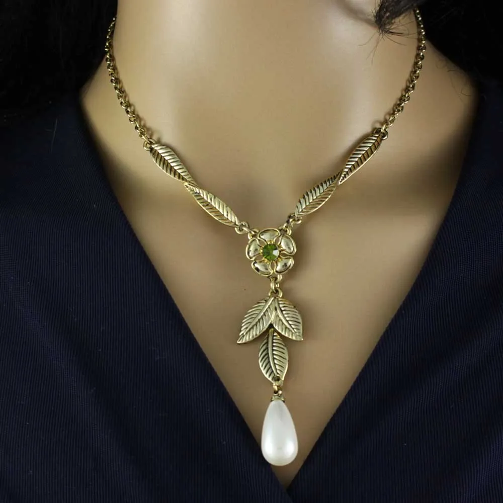 Gold Flower and Leaves with Dangling Pearl Necklace - PNS403