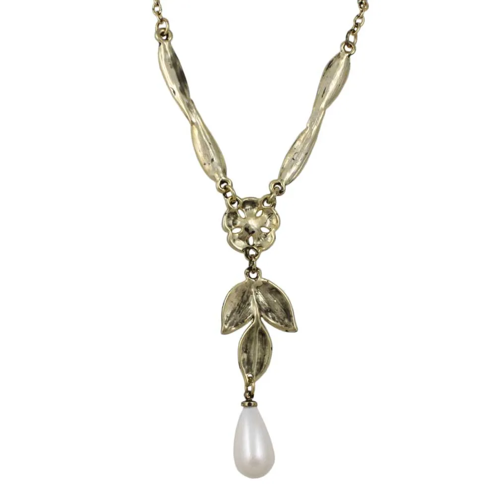Gold Flower and Leaves with Dangling Pearl Necklace - PNS403