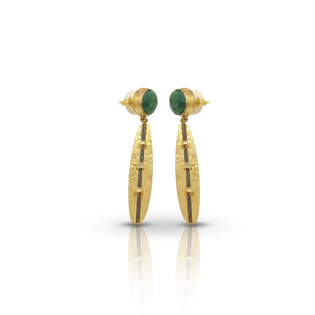 Gold-Plated Handmade Earrings with Emerald Corundum and CZ Stones | Contemporary Elegance | Sparkling Artisan Jewelry