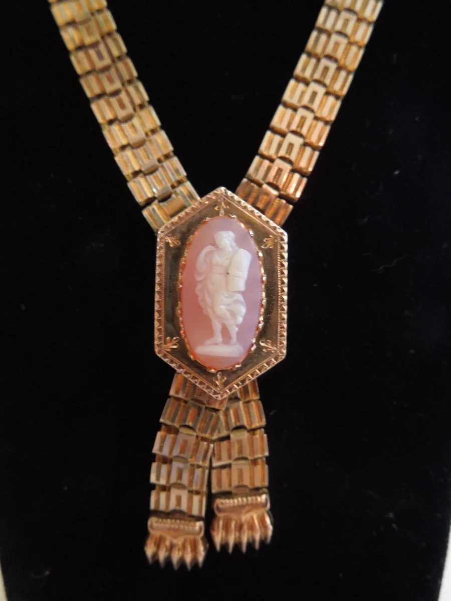 Gold Victorian Cameo Gate Chain Necklace with Tassles