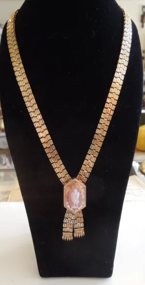 Gold Victorian Cameo Gate Chain Necklace with Tassles