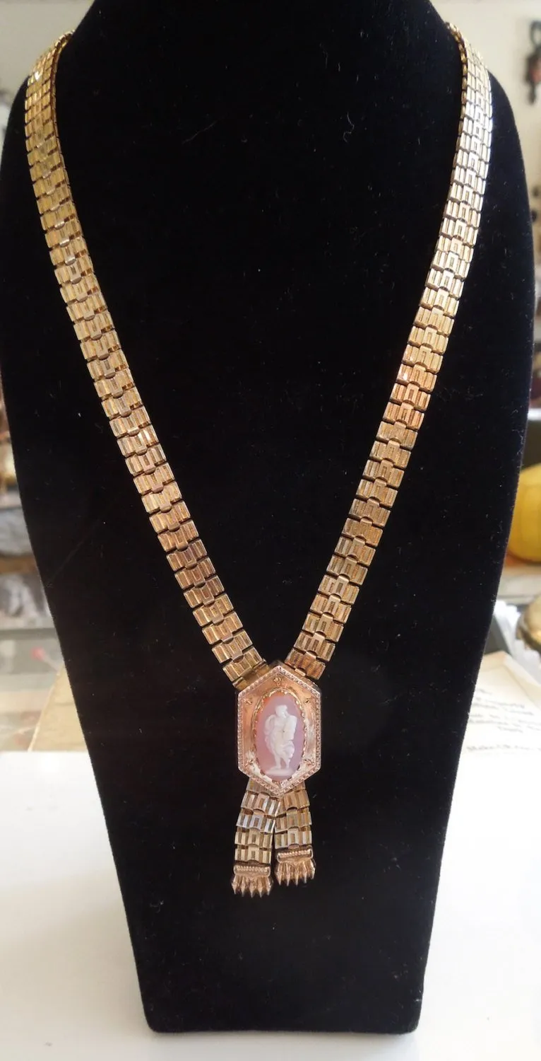 Gold Victorian Cameo Gate Chain Necklace with Tassles