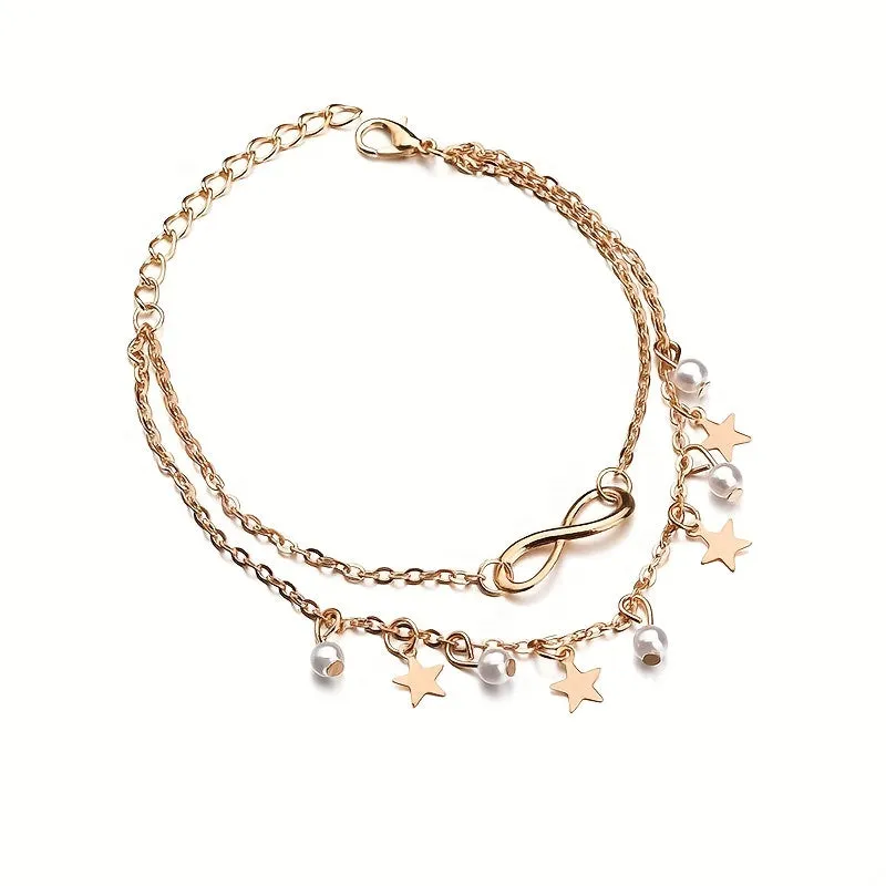 Golden Star & Faux Pearl Pentagram Anklet for Women