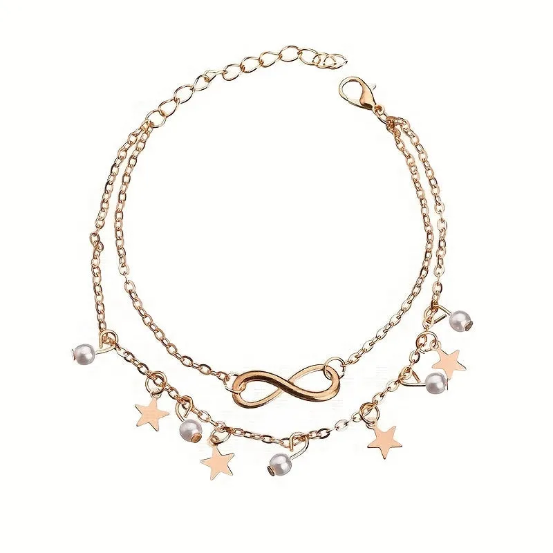 Golden Star & Faux Pearl Pentagram Anklet for Women