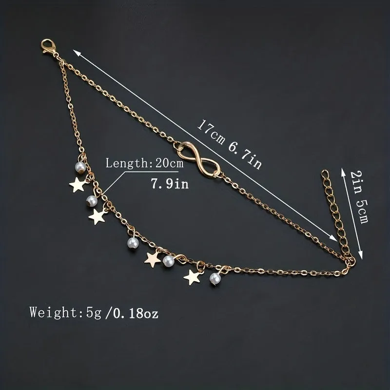 Golden Star & Faux Pearl Pentagram Anklet for Women