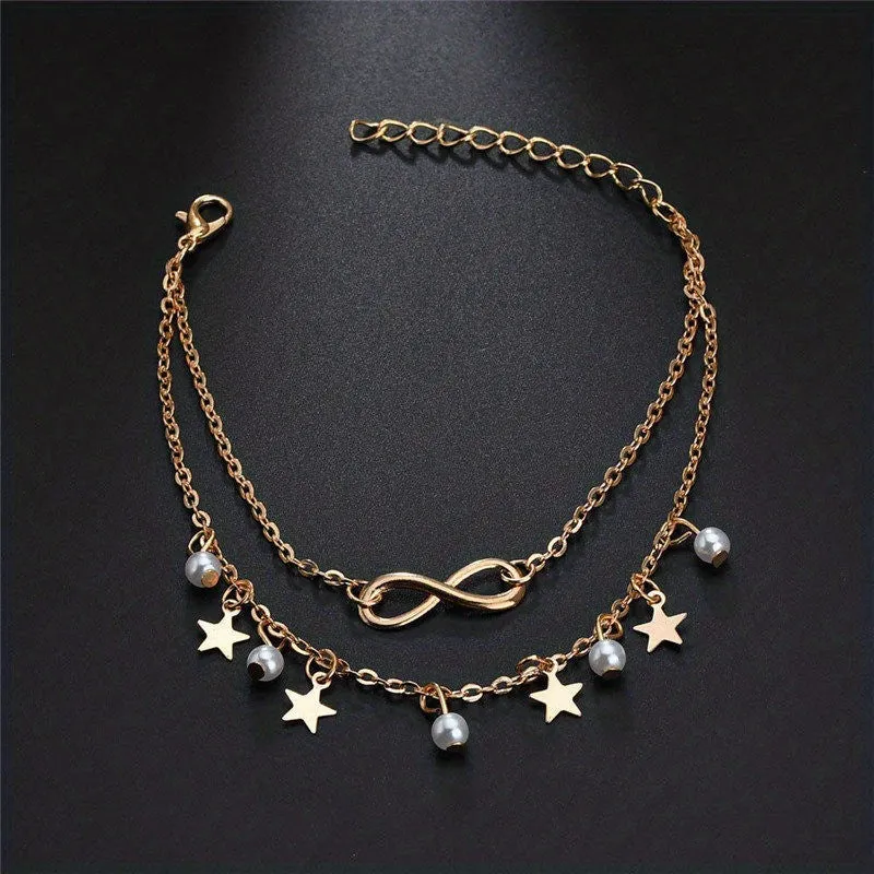 Golden Star & Faux Pearl Pentagram Anklet for Women