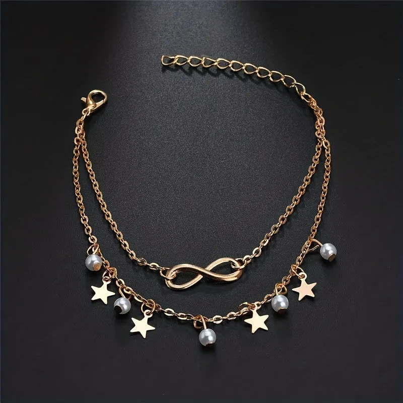 Golden Star & Faux Pearl Pentagram Anklet for Women