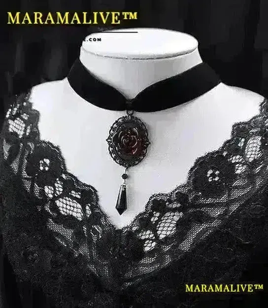 Gothic Dark Rose Cameo Choker Women Girls Halloween Pagan Witch Jewelry Accessories Gift Vintage Vampire Rose Velvet Necklace