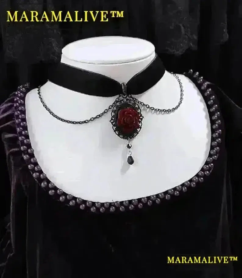 Gothic Dark Rose Cameo Choker Women Girls Halloween Pagan Witch Jewelry Accessories Gift Vintage Vampire Rose Velvet Necklace