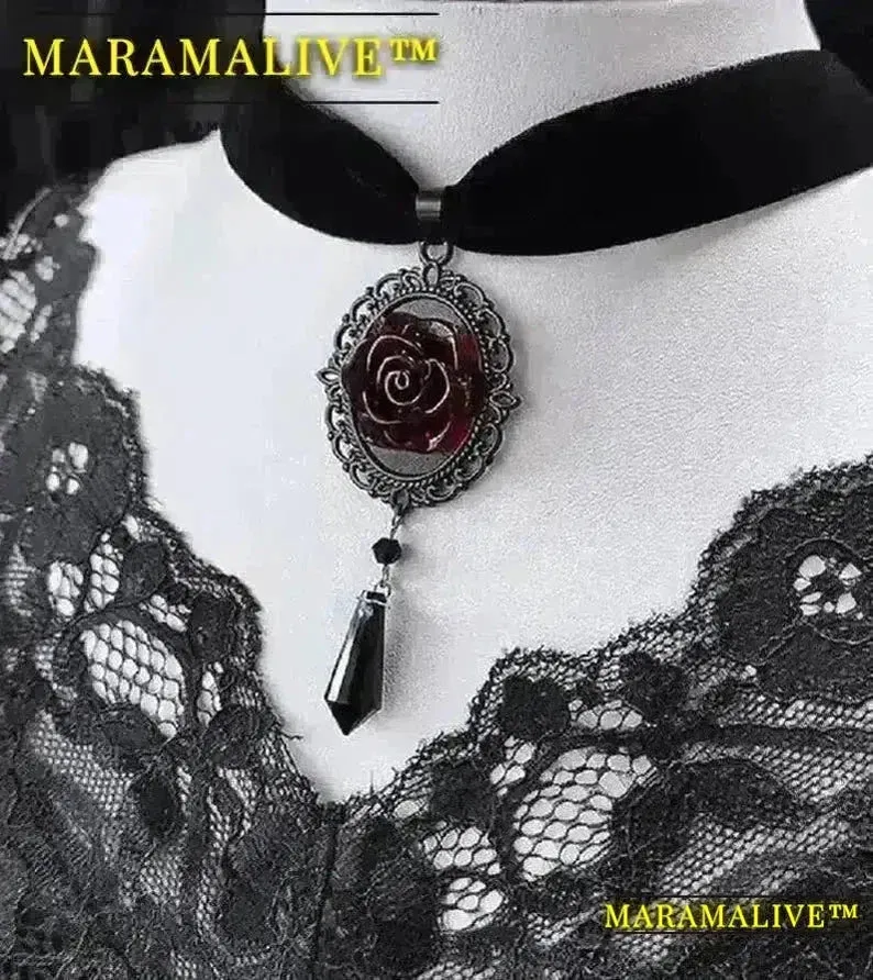 Gothic Dark Rose Cameo Choker Women Girls Halloween Pagan Witch Jewelry Accessories Gift Vintage Vampire Rose Velvet Necklace
