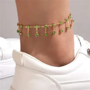 Green Cubic Zirconia & 18K Gold-Plated Tassel Anklet