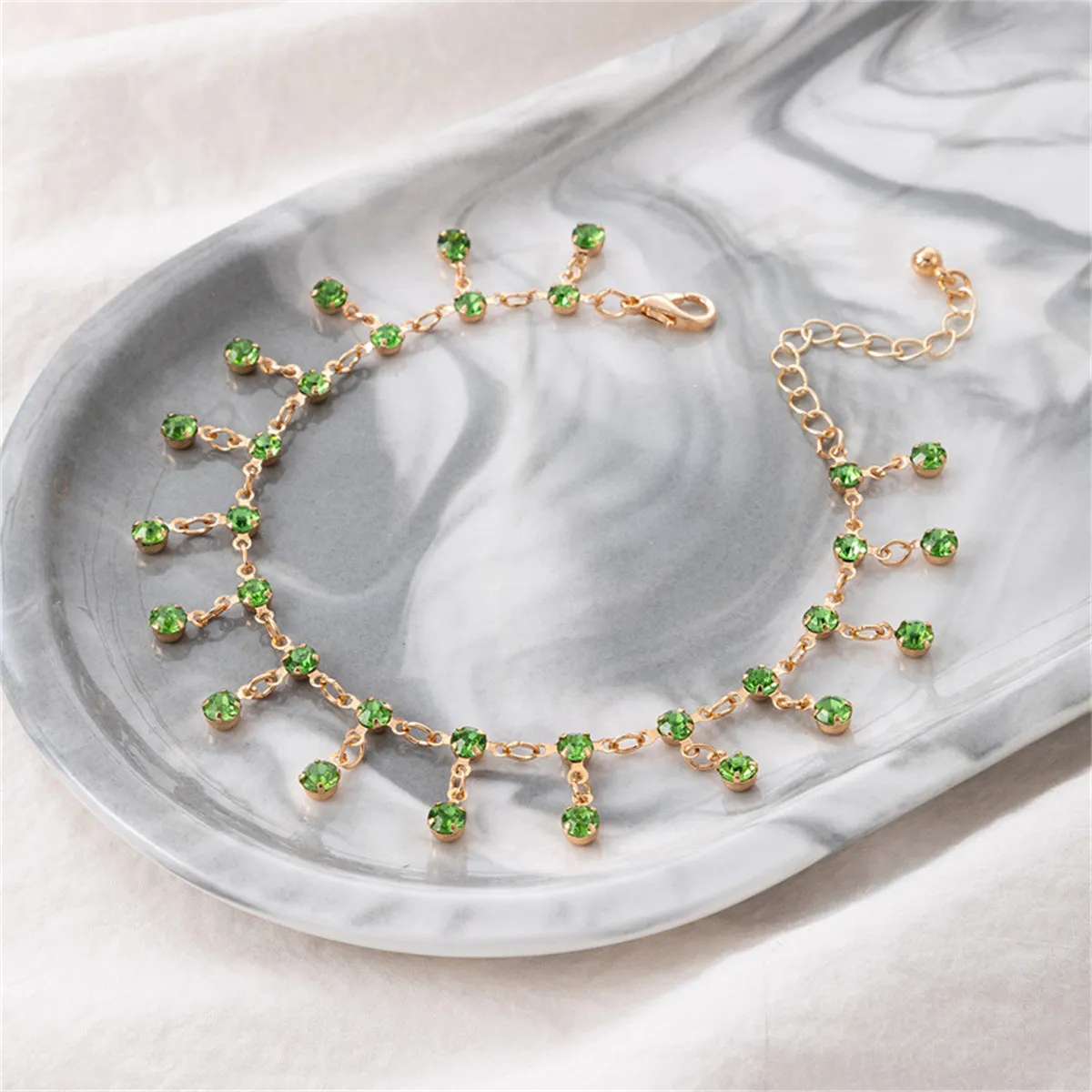 Green Cubic Zirconia & 18K Gold-Plated Tassel Anklet