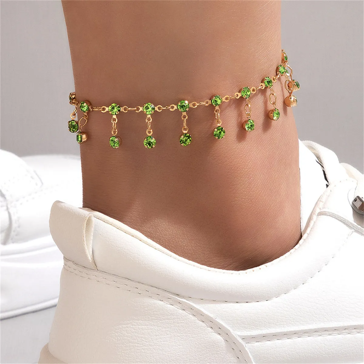 Green Cubic Zirconia & 18K Gold-Plated Tassel Anklet